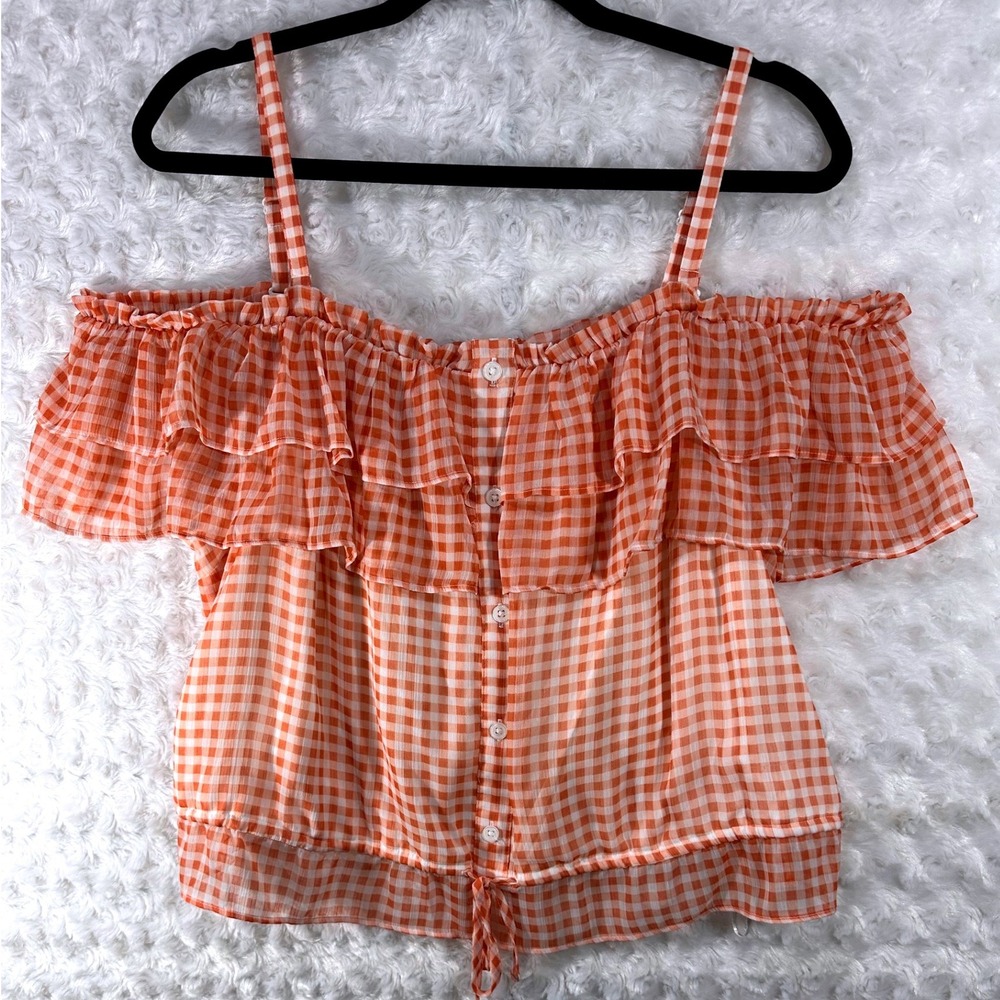 Lauren Conrad Women Size XXL Orange Gingham Ruffle Off Shoulder Summer Top New